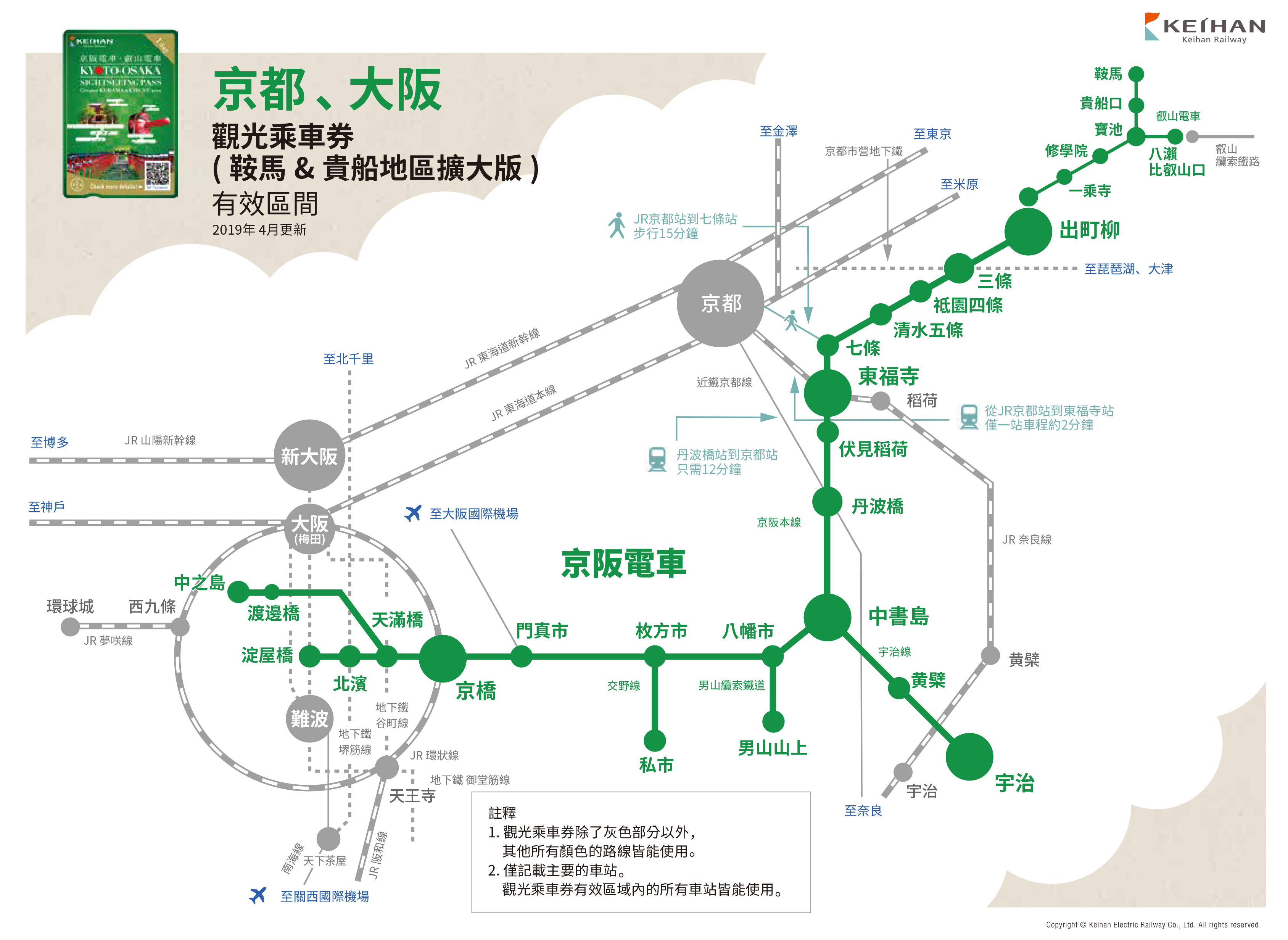 京阪電車京都、大阪觀光乘車一日券（鞍馬&貴船地區擴大版）有效區間（2019年4月更新）