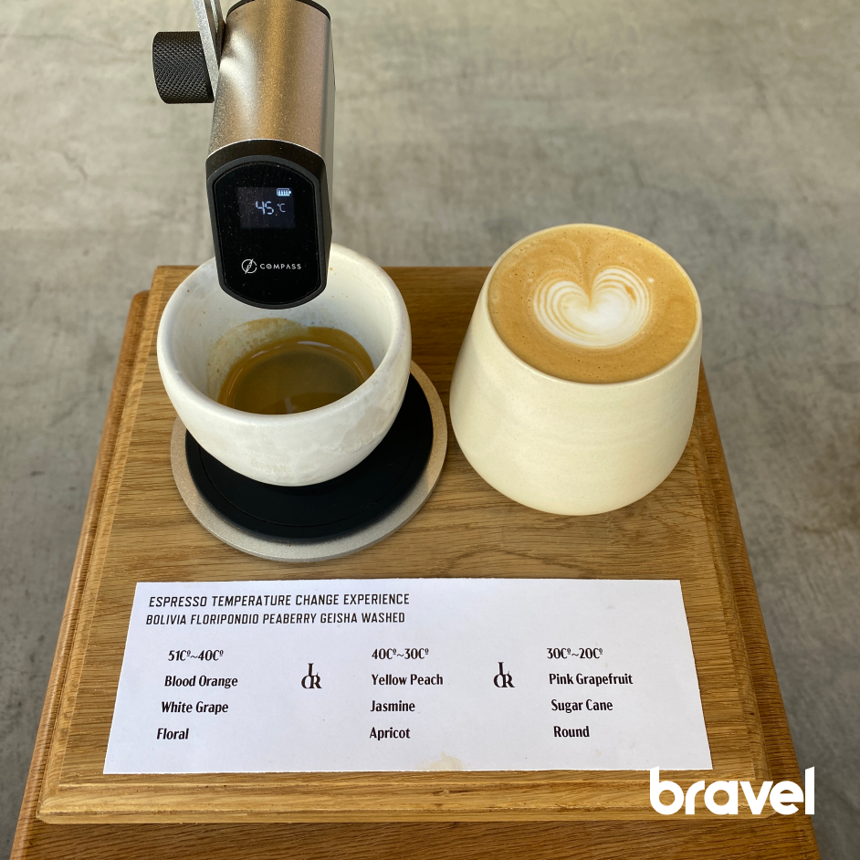 到訪當天點的濃縮＋鮮奶咖啡combo，還附溫度計讓客人感受味道的變化。  